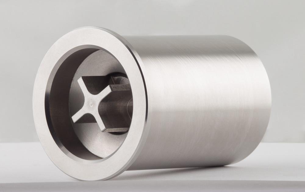 AquaVolt water efficiency device close-up — internal flow geometry visible through the cylinder opening